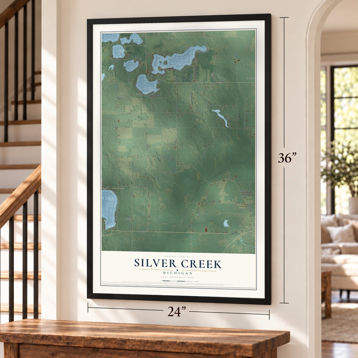 Silver Creek, Michigan map, 24 x 36 inch print in a black frame by a staircase