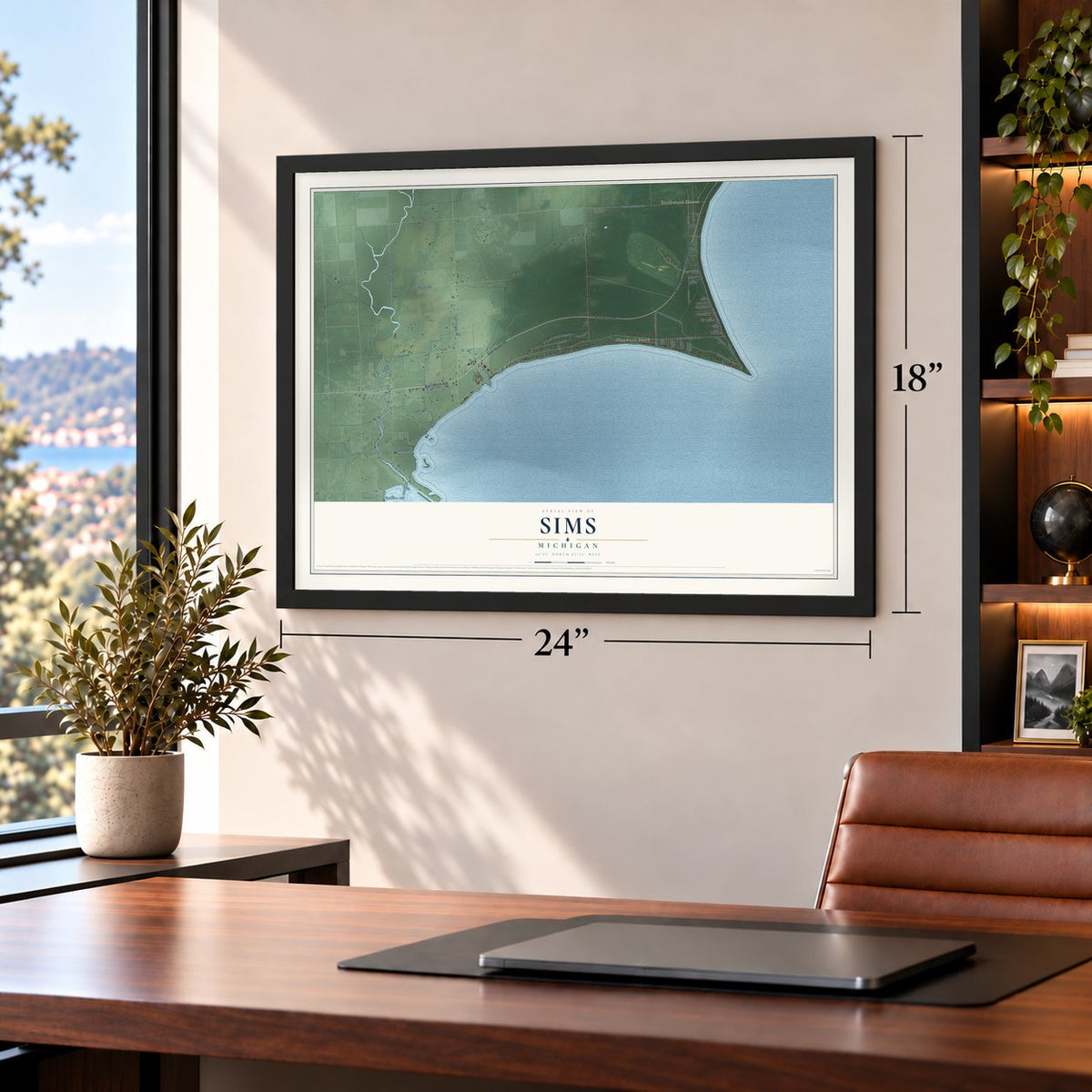 Sims, Michigan map, 18 x 24 inch print in a black frame in a home office