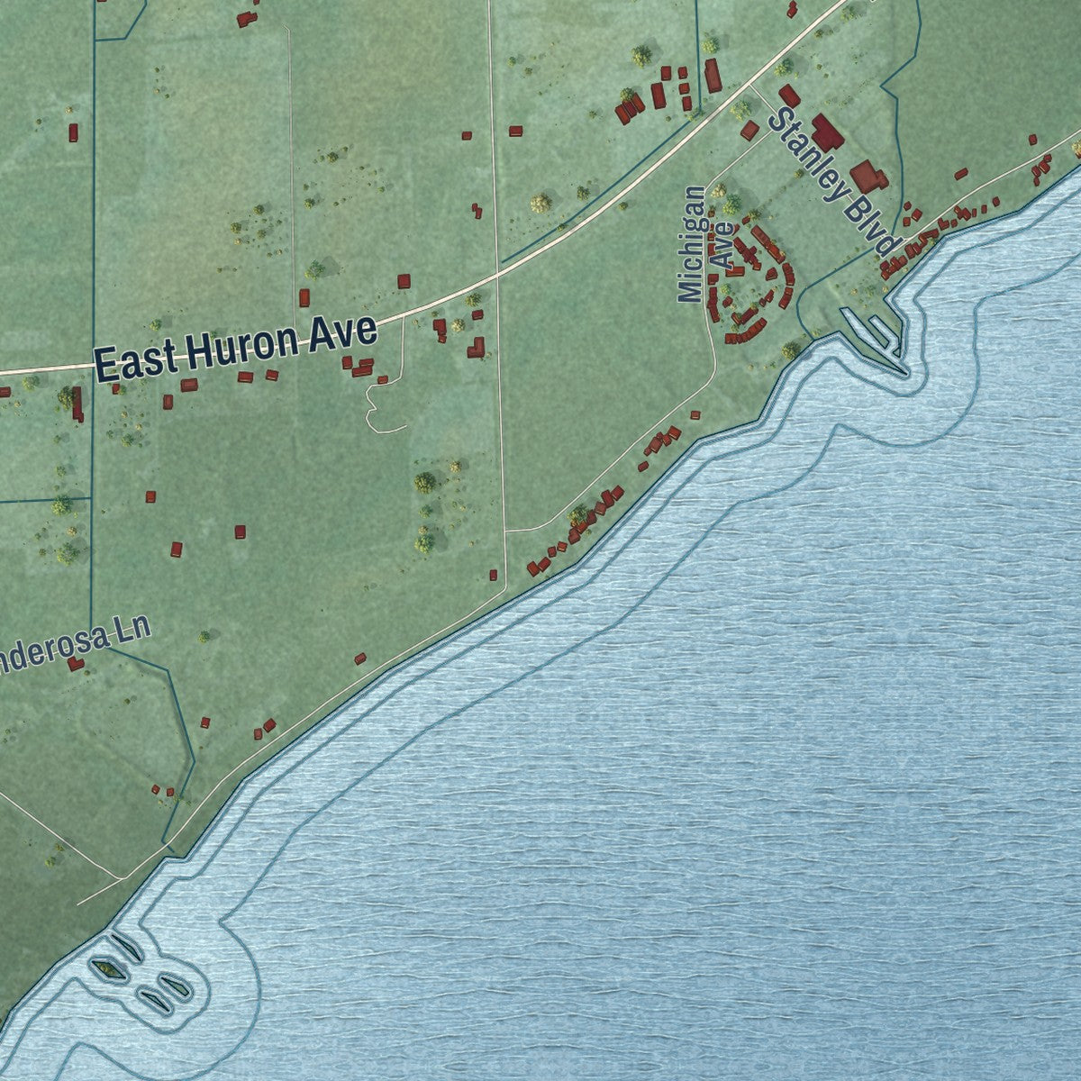 Close-up of the map of Sims, Michigan print showing street and building detail