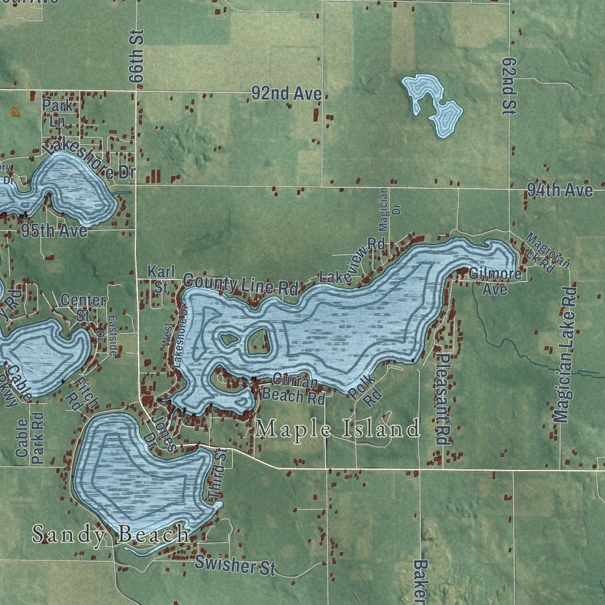 Close-up of the map of Sister Lakes, Michigan print showing street and building detail