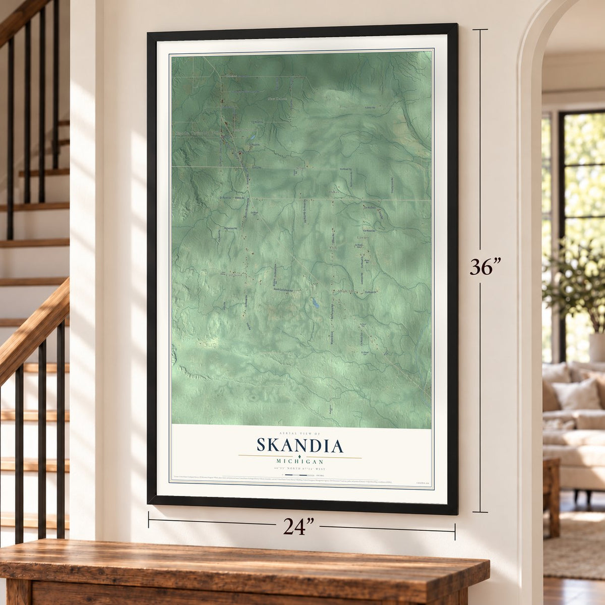 Skandia, Michigan map, 24 x 36 inch print in a black frame by a staircase