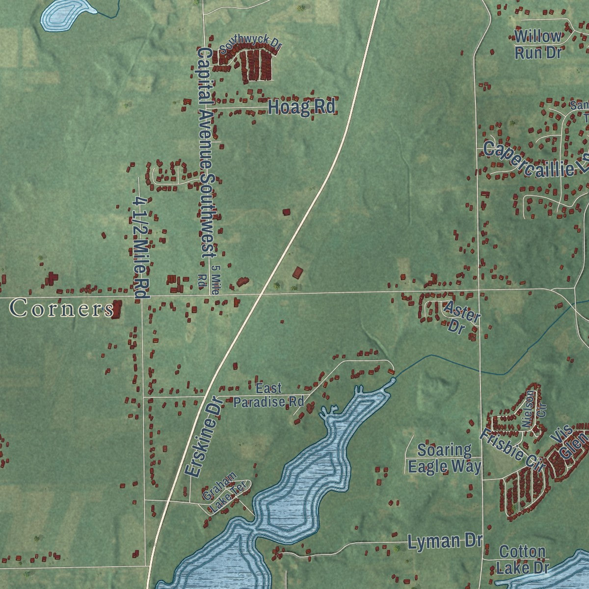Close-up of the map of Sonoma, Michigan print showing street and building detail