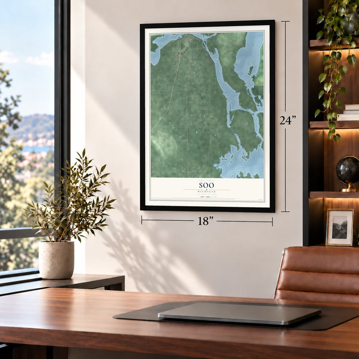Soo, Michigan map, 18 x 24 inch print in a black frame in a home office