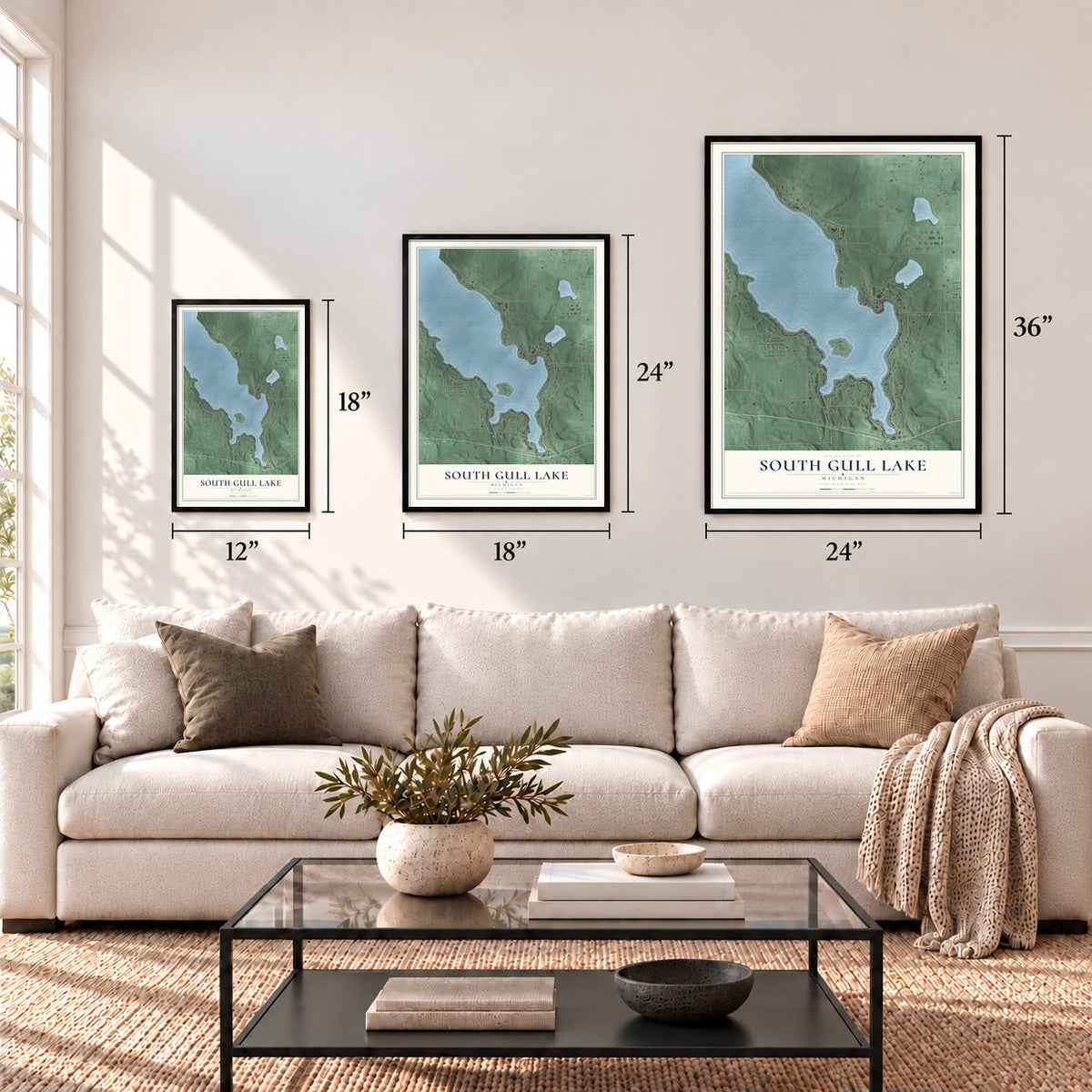 South Gull Lake, Michigan map in 12 x 18, 18 x 24 and 24 x 36 inch sizes above a sofa