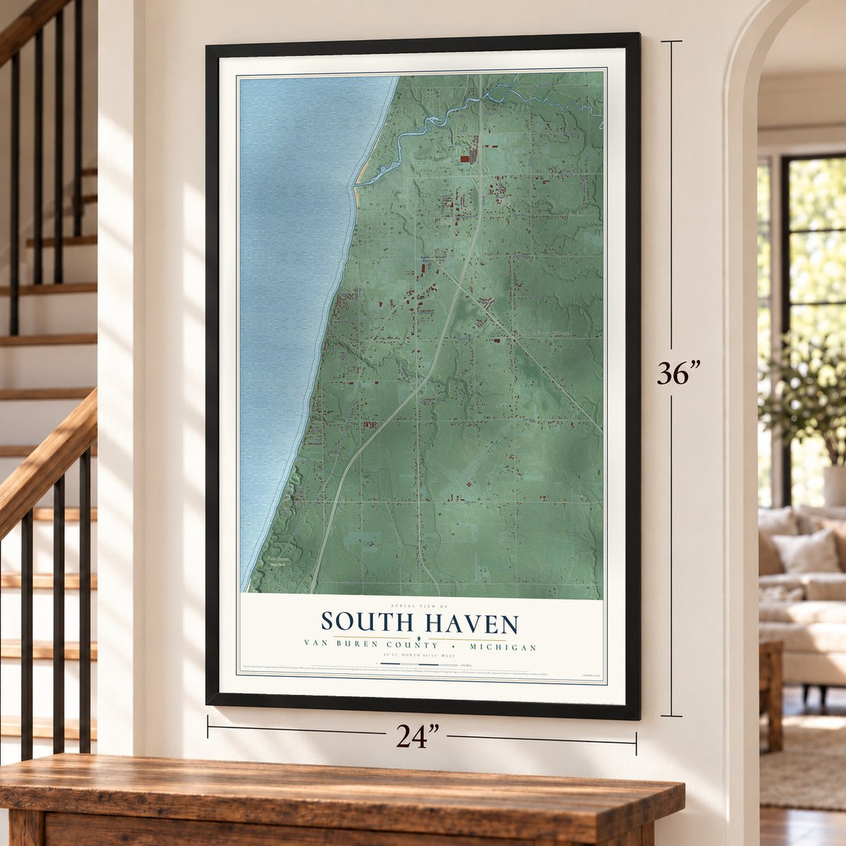 South Haven, Van Buren County, Michigan map, 24 x 36 inch print in a black frame by a staircase