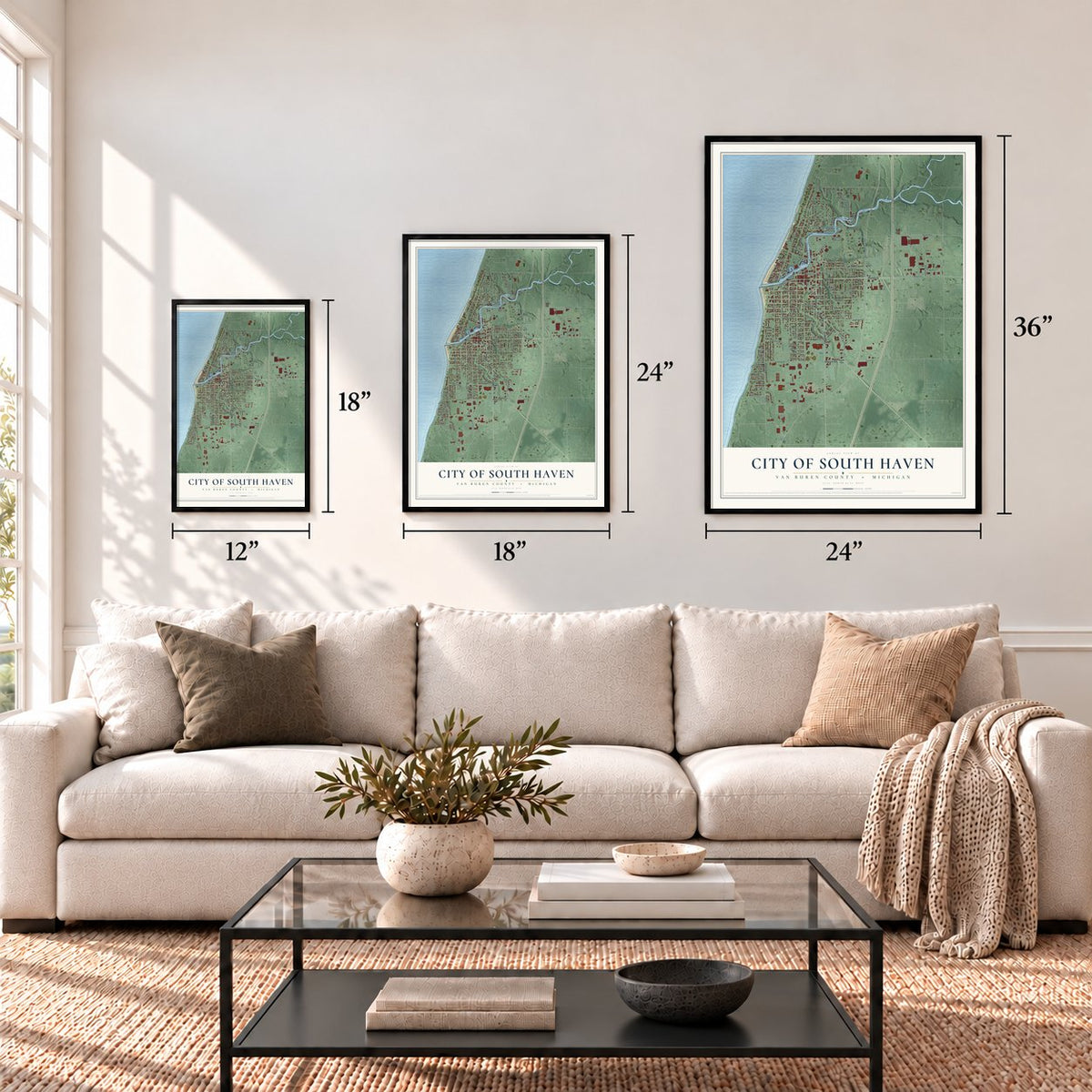 South Haven, Michigan map in 12 x 18, 18 x 24 and 24 x 36 inch sizes above a sofa