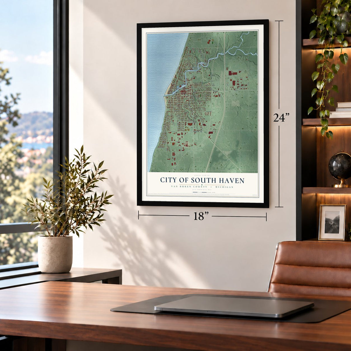 South Haven, Michigan map, 18 x 24 inch print in a black frame in a home office