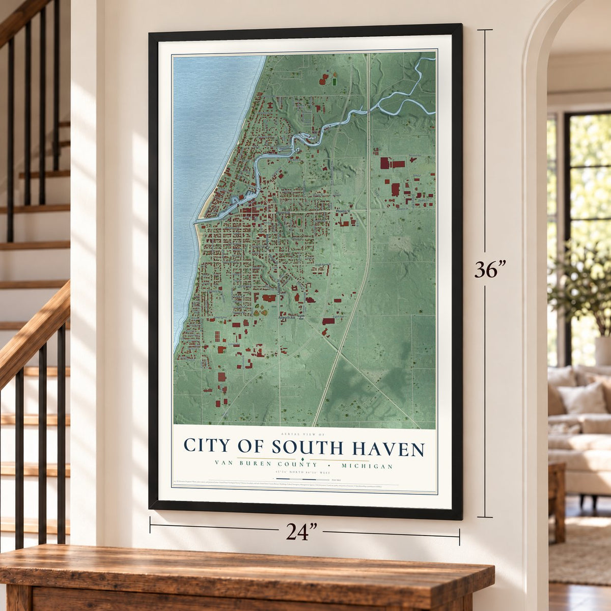 South Haven, Michigan map, 24 x 36 inch print in a black frame by a staircase