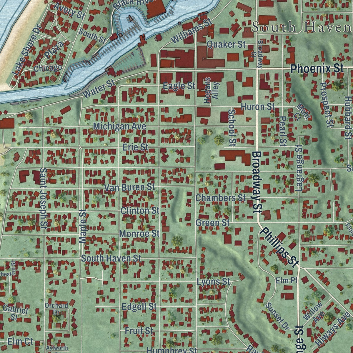 Close-up of the map of South Haven, Michigan print showing street and building detail