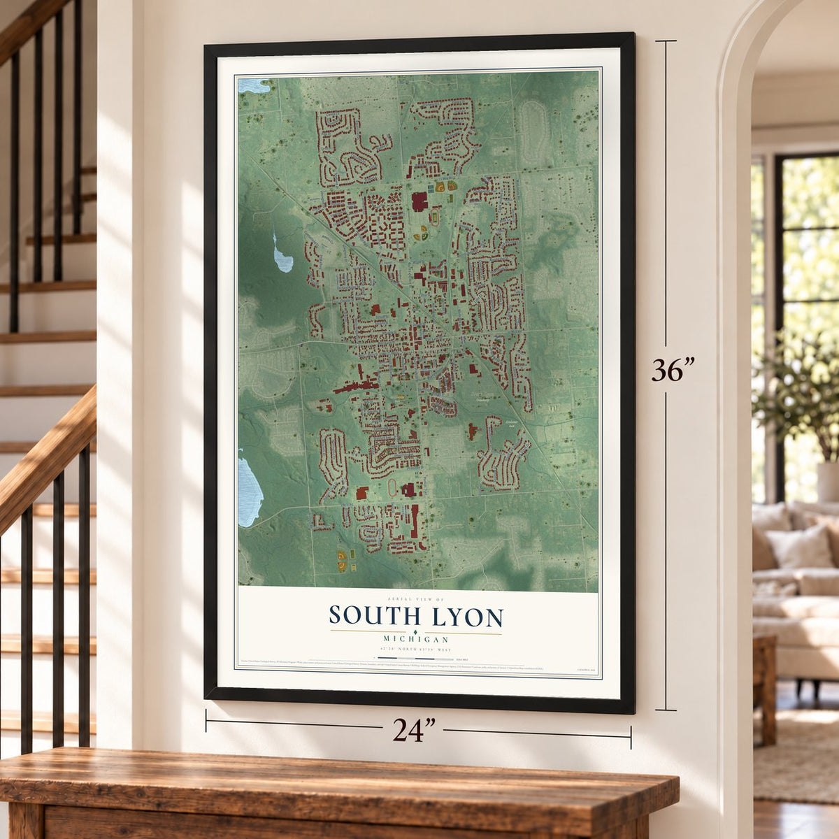 South Lyon, Michigan map, 24 x 36 inch print in a black frame by a staircase