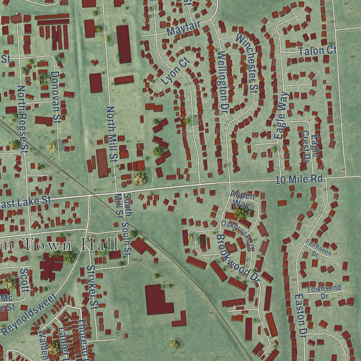 Close-up of the map of South Lyon, Michigan print showing street and building detail