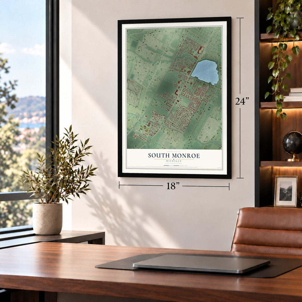 South Monroe, Michigan map, 18 x 24 inch print in a black frame in a home office