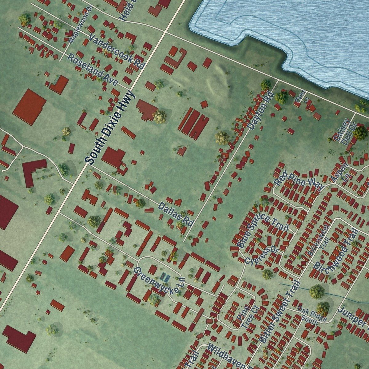 Close-up of the map of South Monroe, Michigan print showing street and building detail