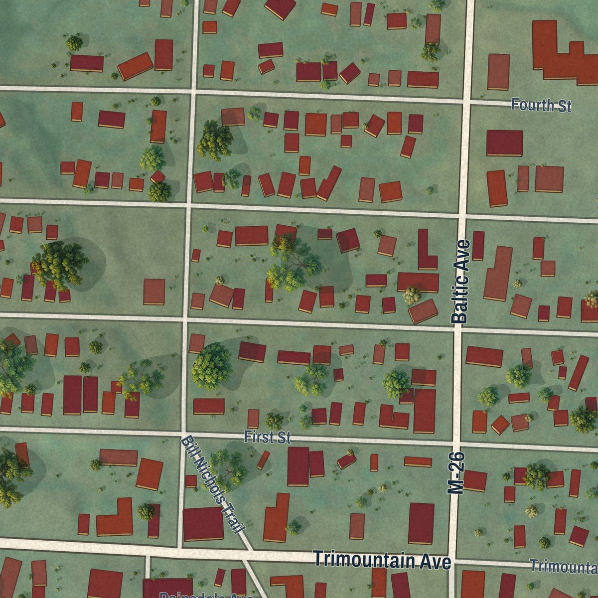 Close-up of the map of South Range, Michigan print showing street and building detail