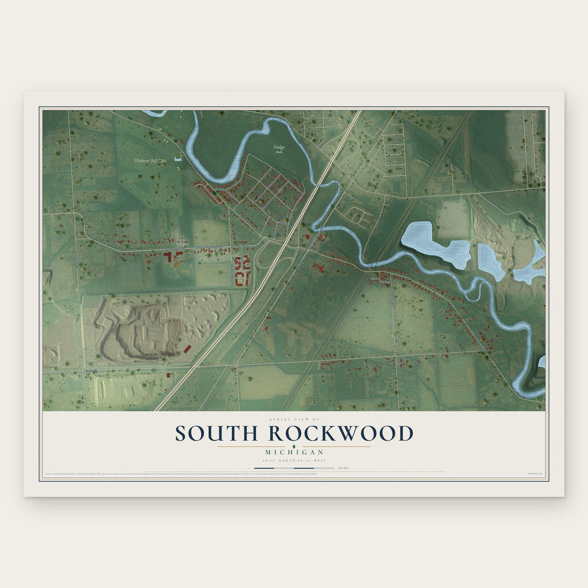 South Rockwood, Michigan map print, the full design