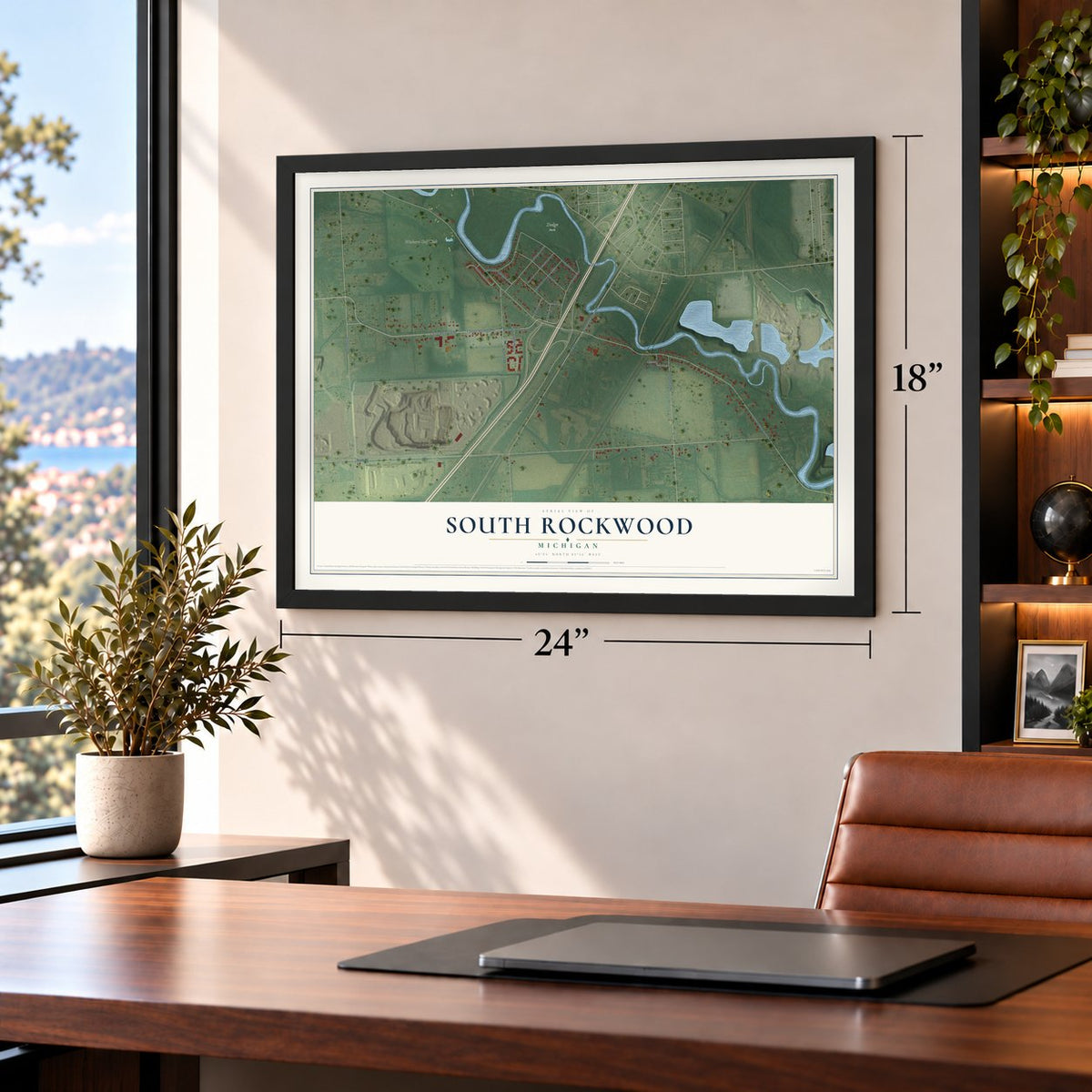 South Rockwood, Michigan map, 18 x 24 inch print in a black frame in a home office
