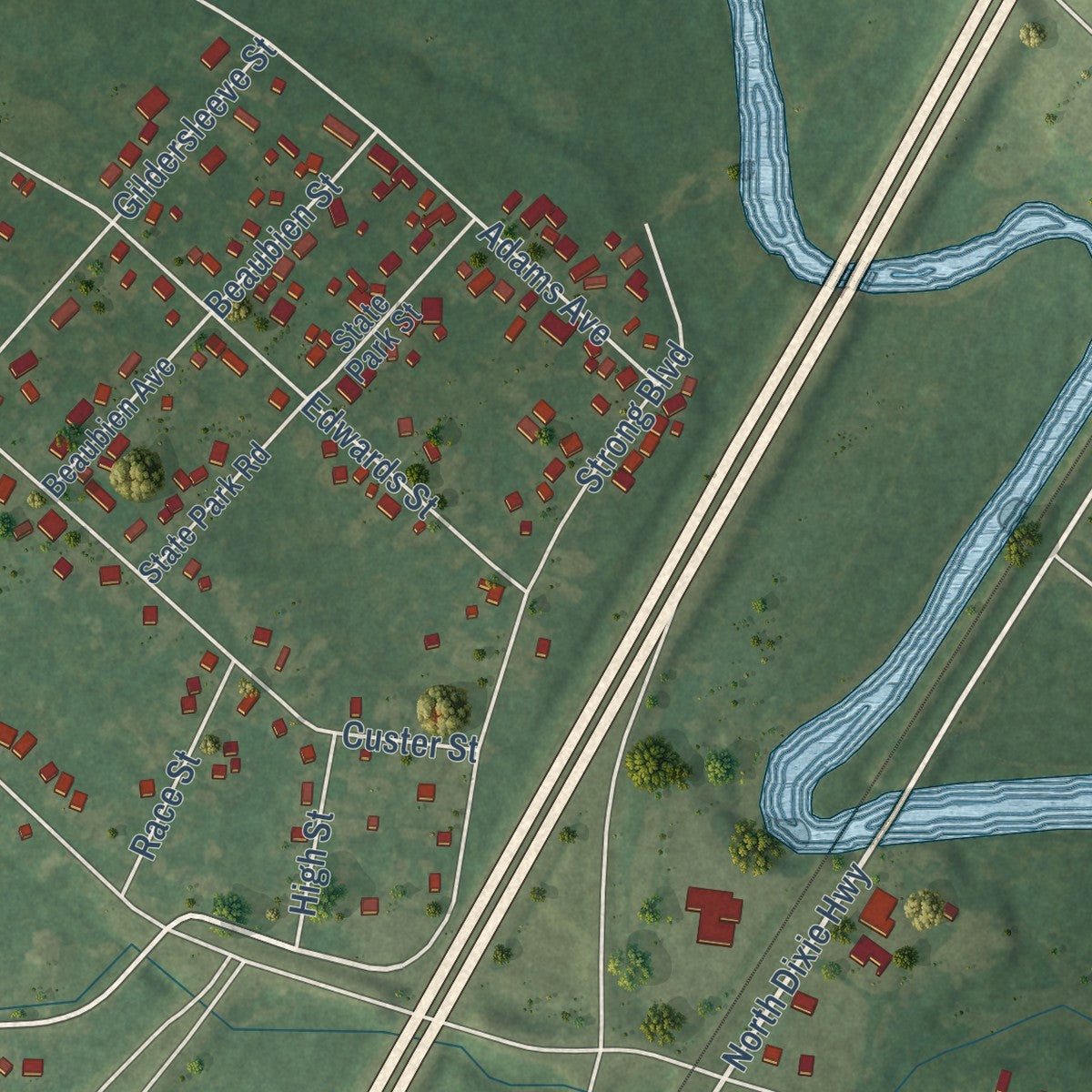 Close-up of the map of South Rockwood, Michigan print showing street and building detail