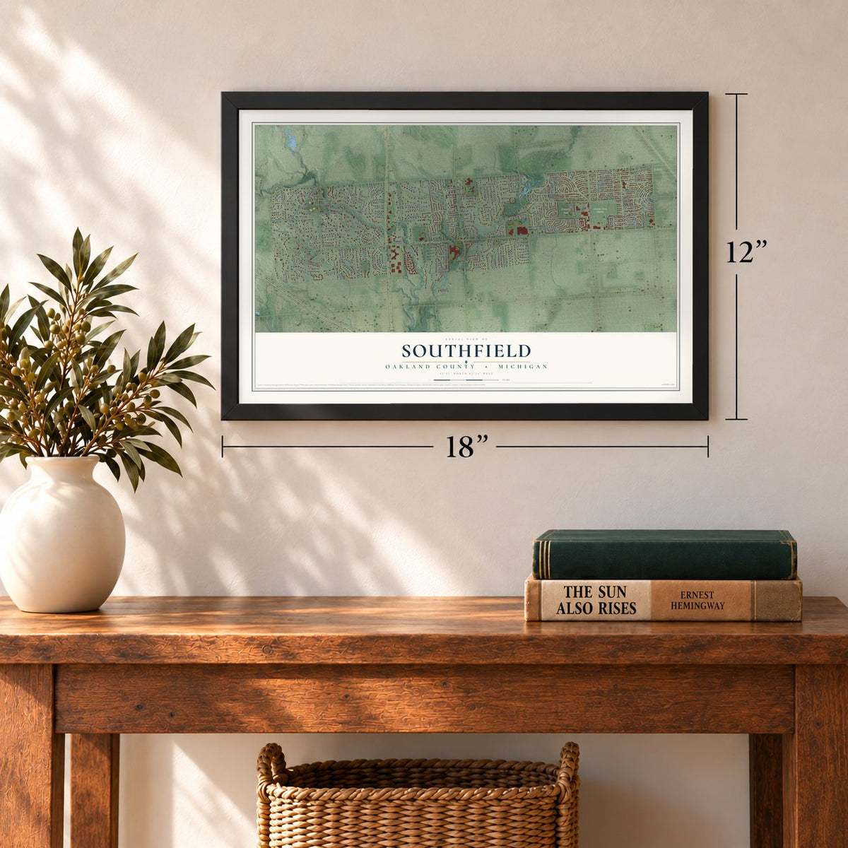 Southfield, Oakland County, Michigan map, 12 x 18 inch print in a black frame in an entryway