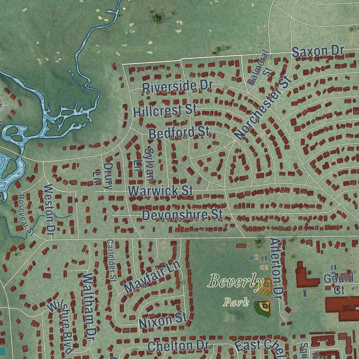 Close-up of the map of Southfield, Oakland County, Michigan print showing street and building detail