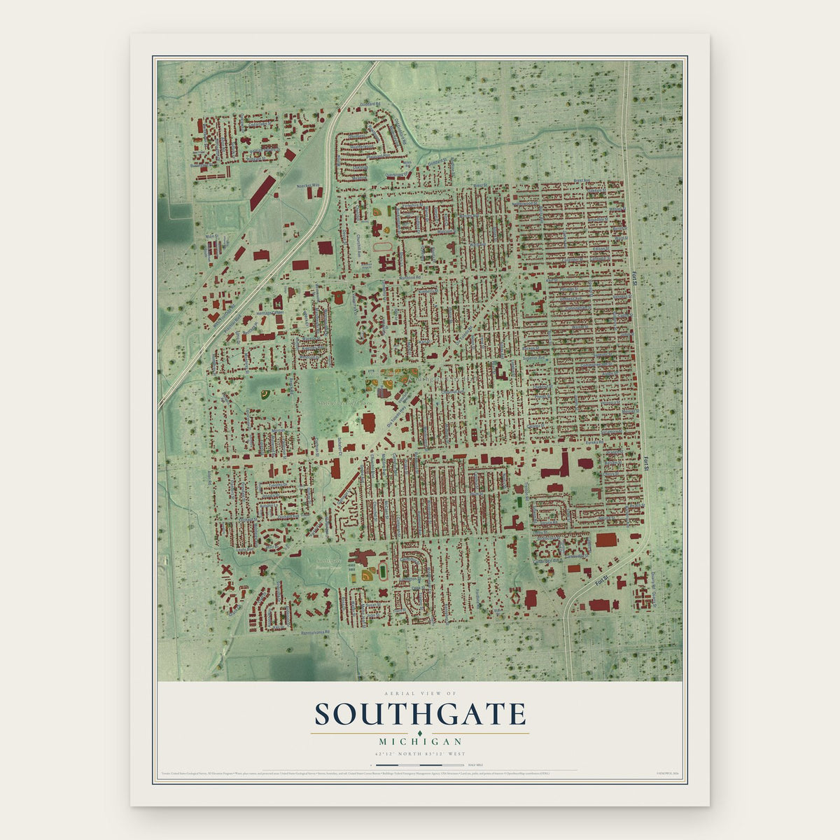 Southgate, Michigan map print, the full design
