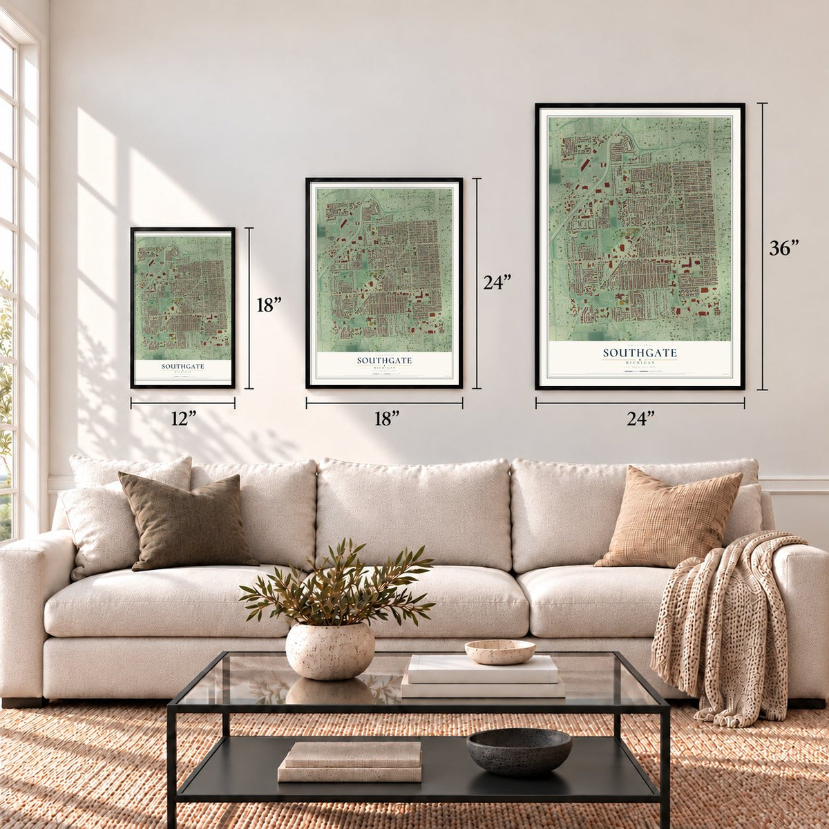 Southgate, Michigan map in 12 x 18, 18 x 24 and 24 x 36 inch sizes above a sofa