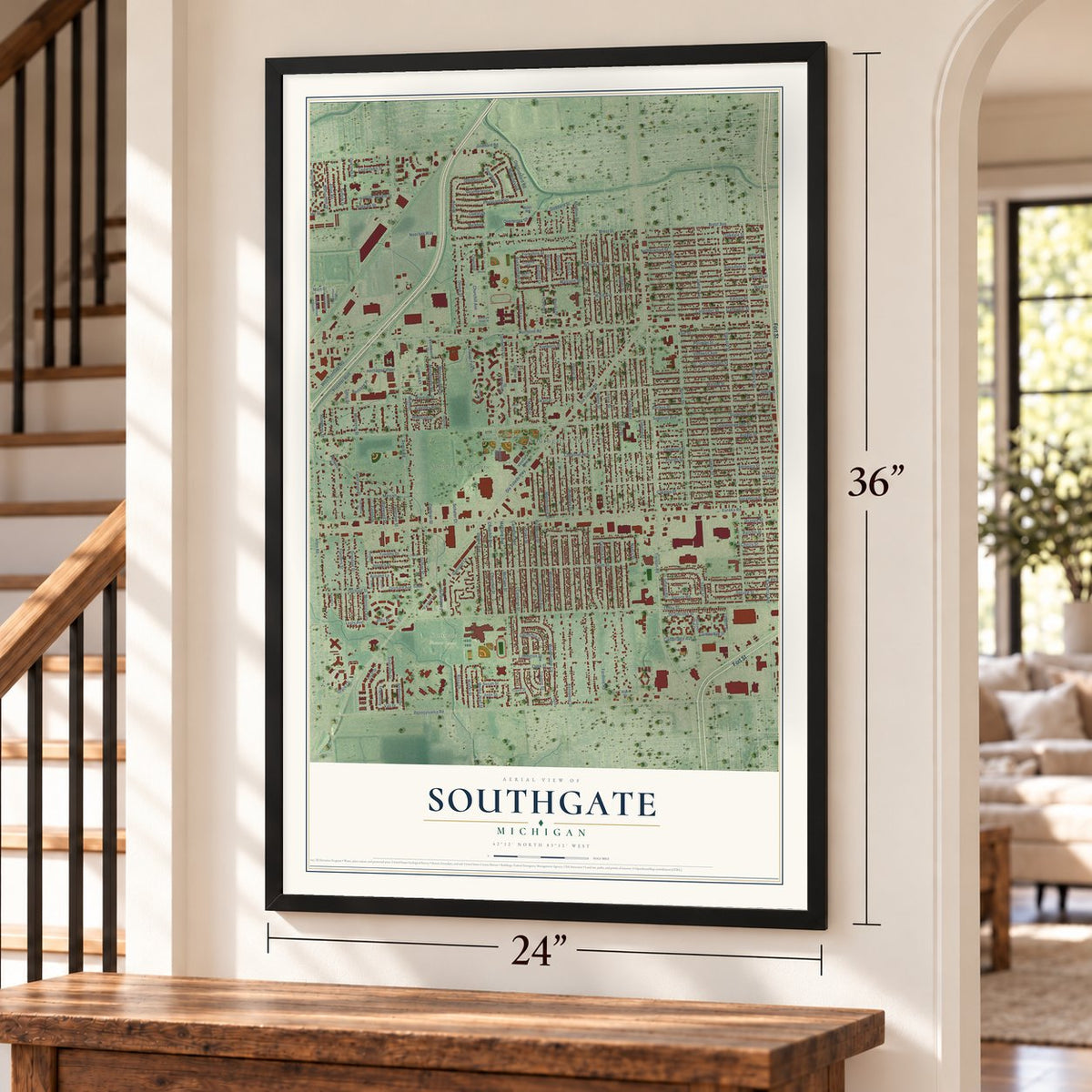 Southgate, Michigan map, 24 x 36 inch print in a black frame by a staircase
