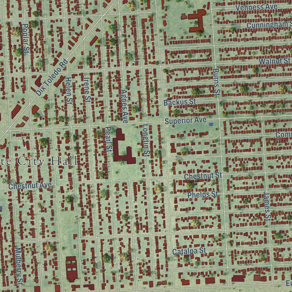 Close-up of the map of Southgate, Michigan print showing street and building detail