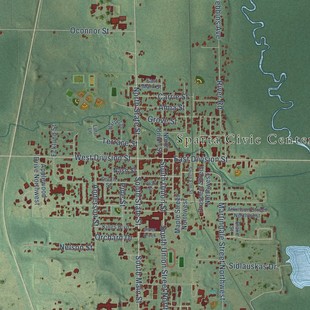 Close-up of the map of Sparta, Kent County, Michigan print showing street and building detail
