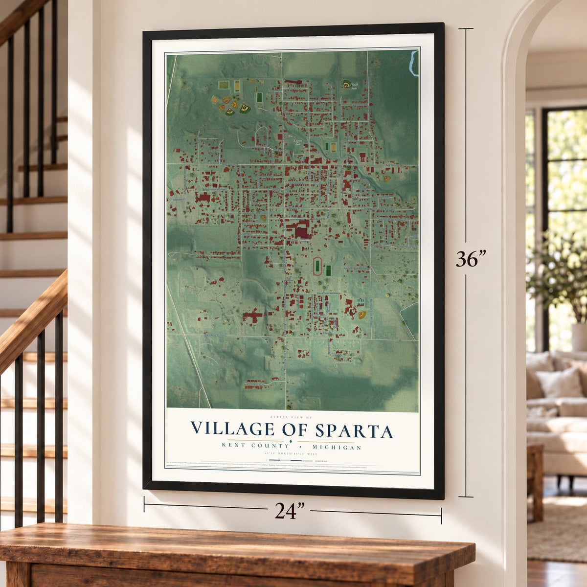 Sparta, Michigan map, 24 x 36 inch print in a black frame by a staircase