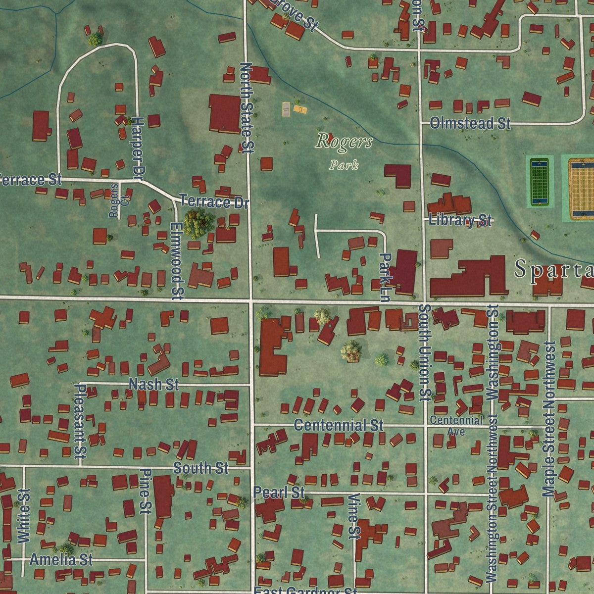 Close-up of the map of Sparta, Michigan print showing street and building detail