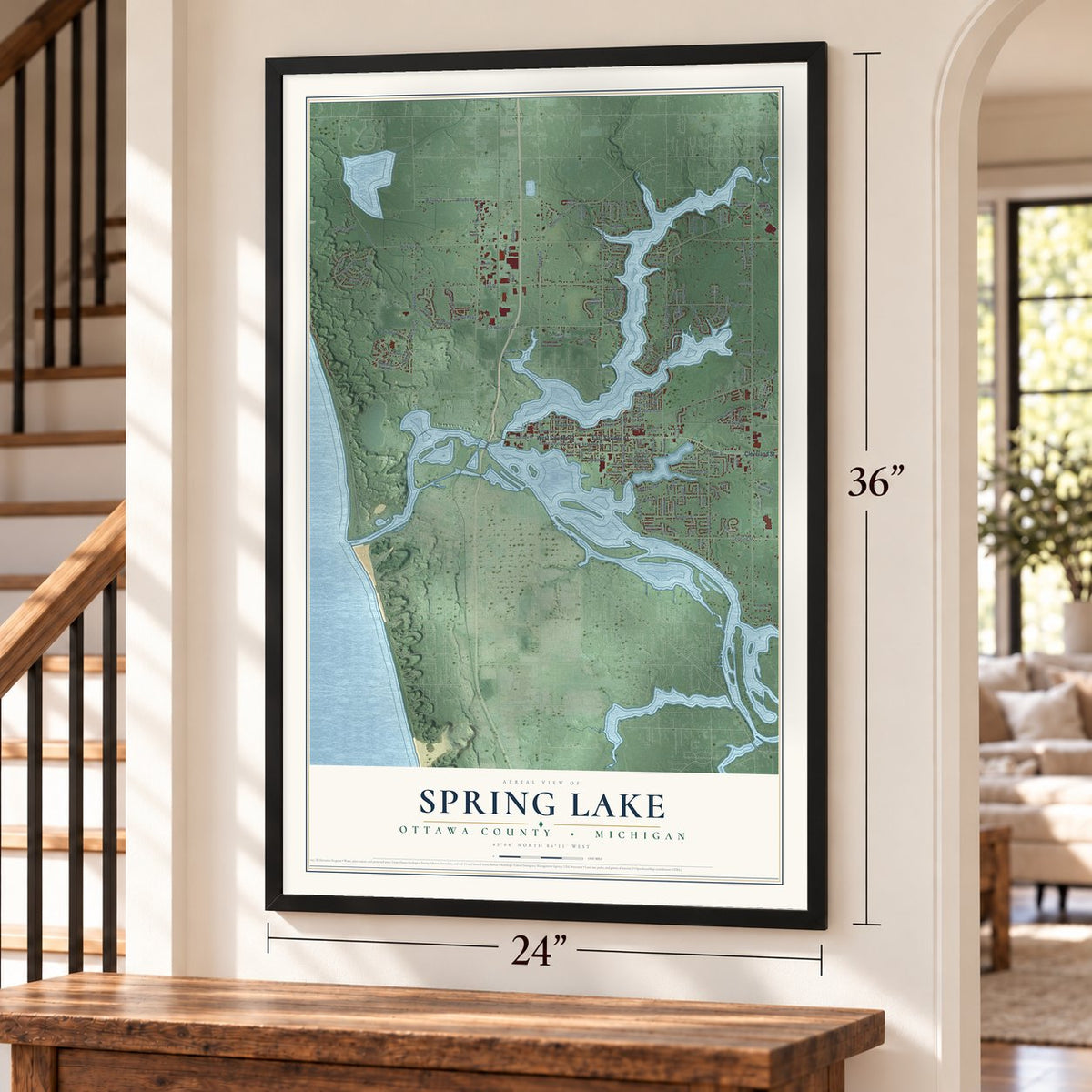 Spring Lake, Ottawa County, Michigan map, 24 x 36 inch print in a black frame by a staircase
