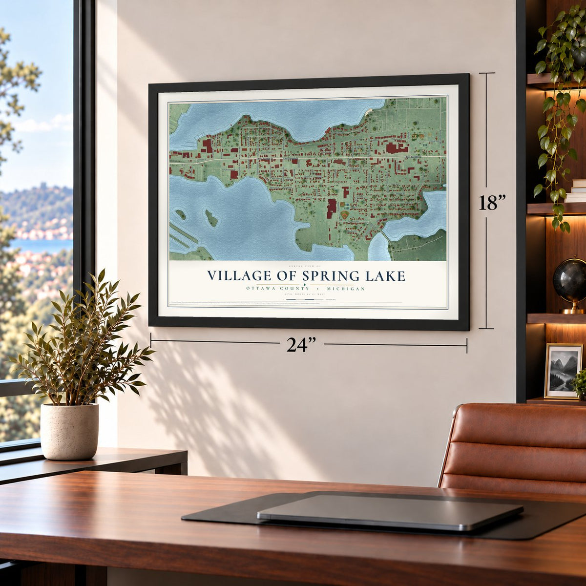 Spring Lake, Michigan map, 18 x 24 inch print in a black frame in a home office