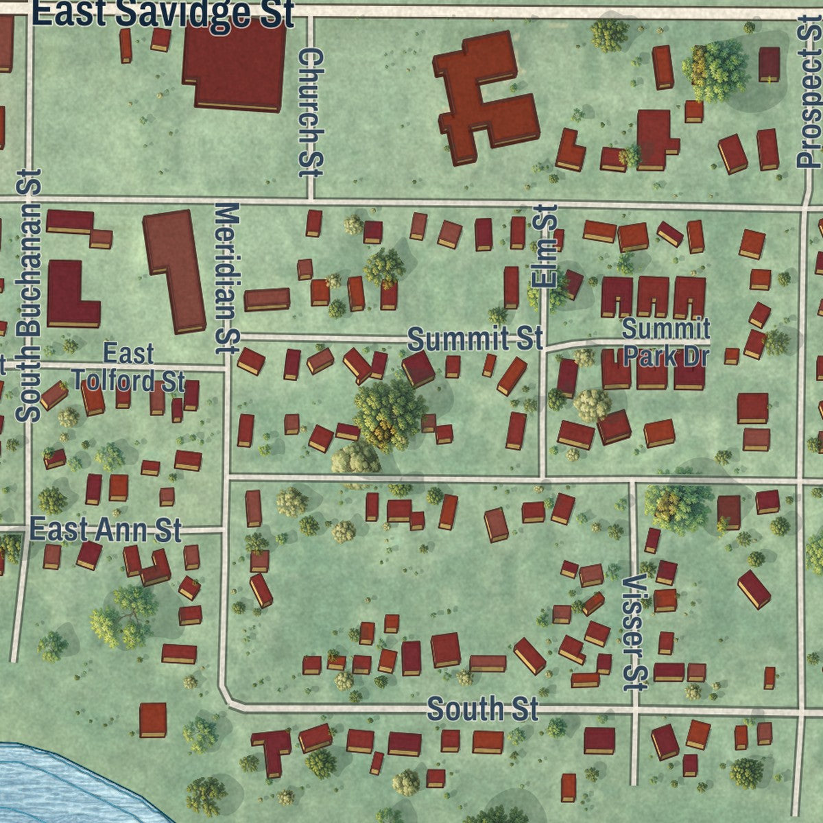 Close-up of the map of Spring Lake, Michigan print showing street and building detail