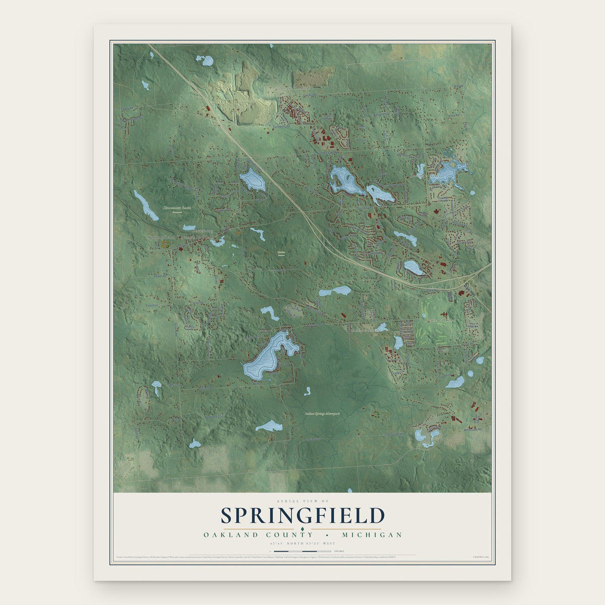 Springfield, Oakland County, Michigan map print, the full design