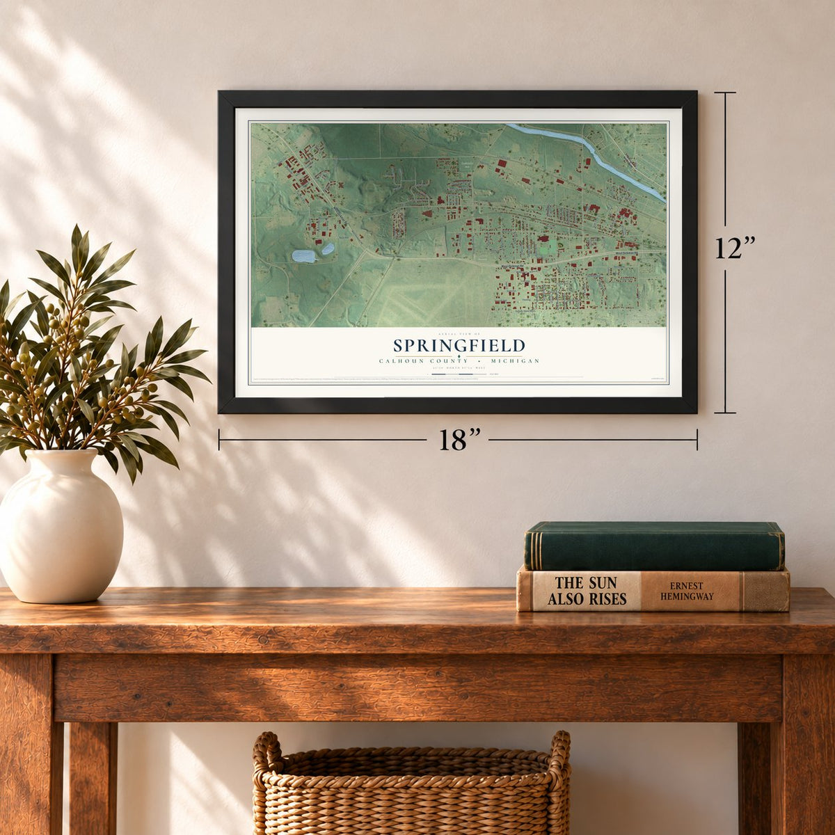 Springfield, Calhoun County, Michigan map, 12 x 18 inch print in a black frame in an entryway