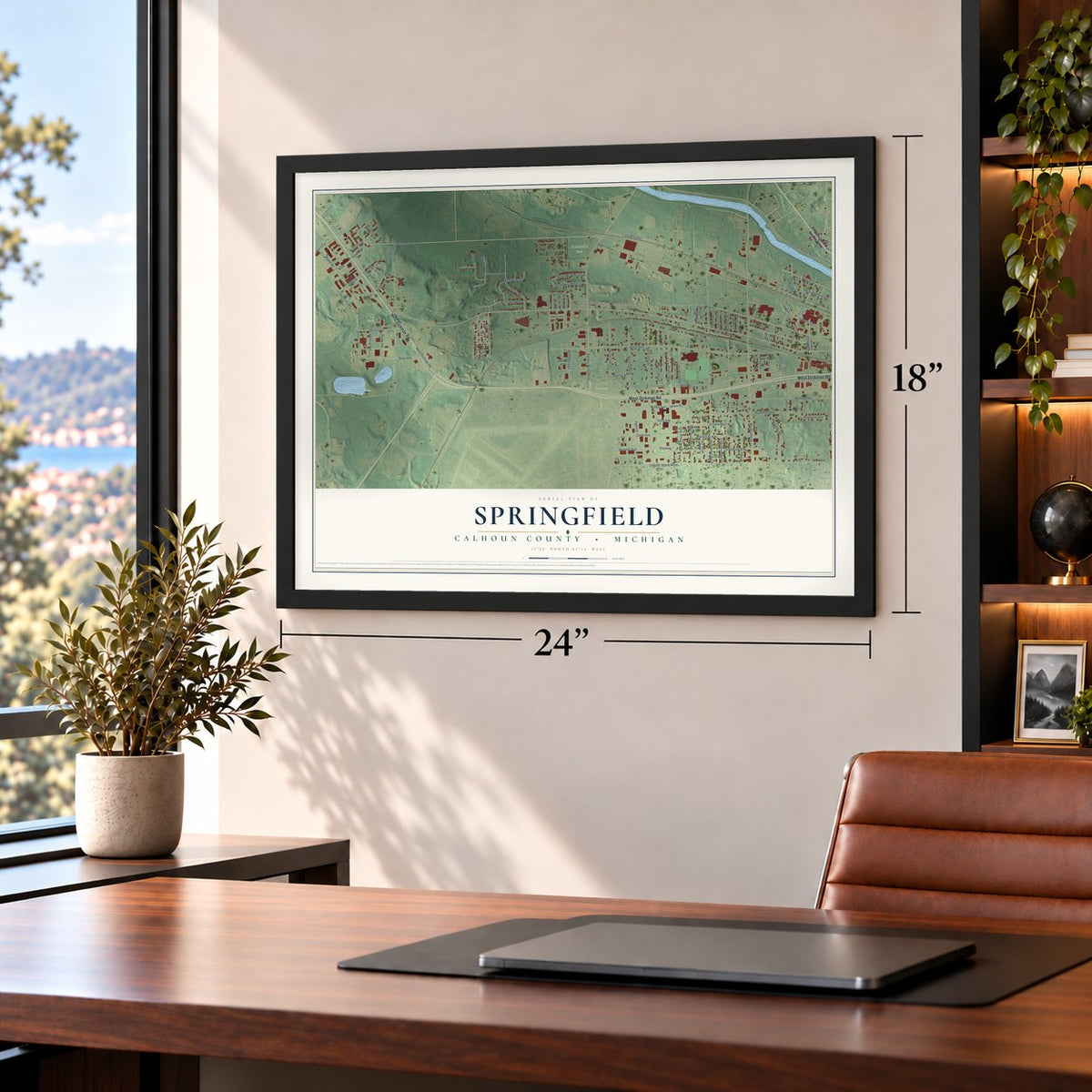 Springfield, Calhoun County, Michigan map, 18 x 24 inch print in a black frame in a home office