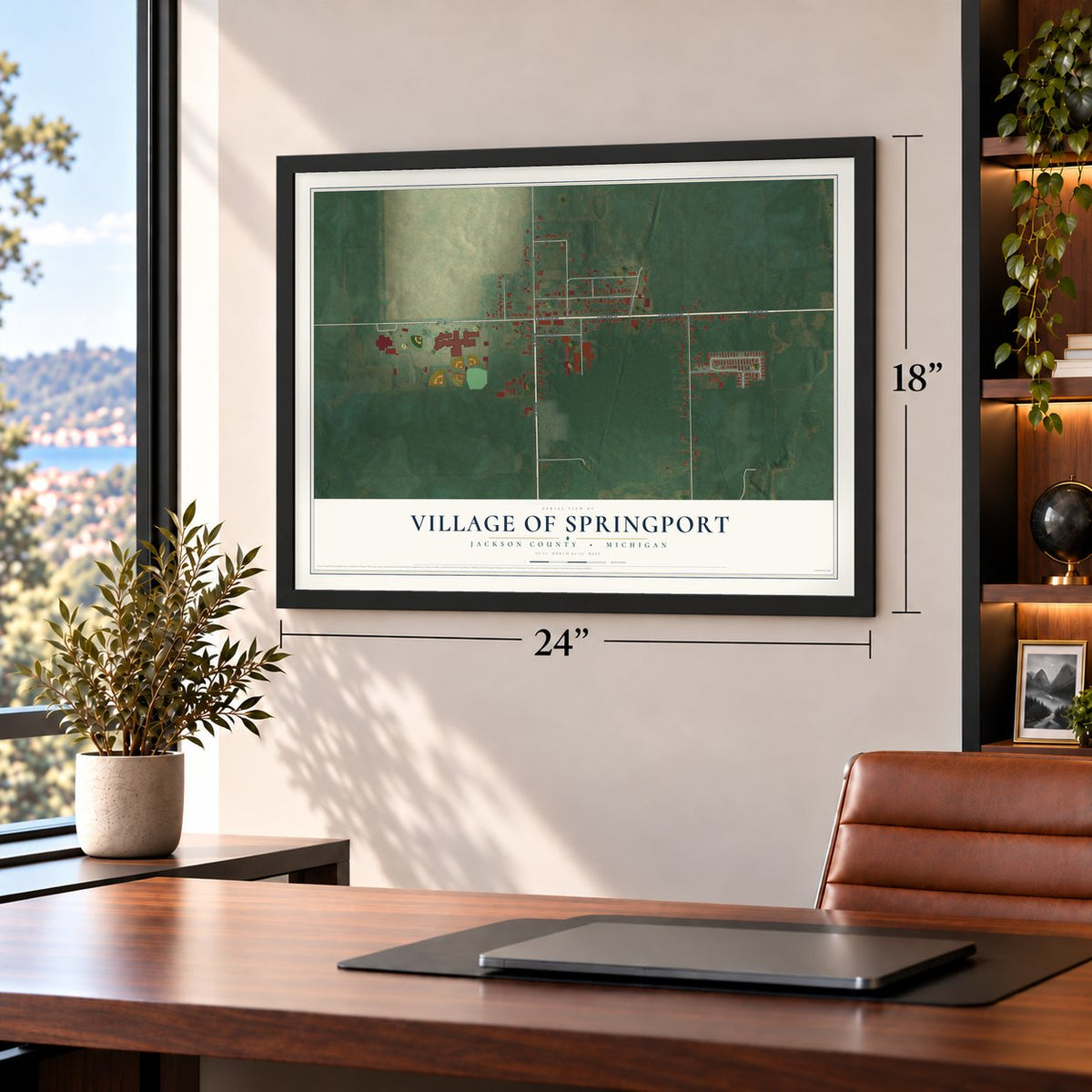 Springport, Michigan map, 18 x 24 inch print in a black frame in a home office
