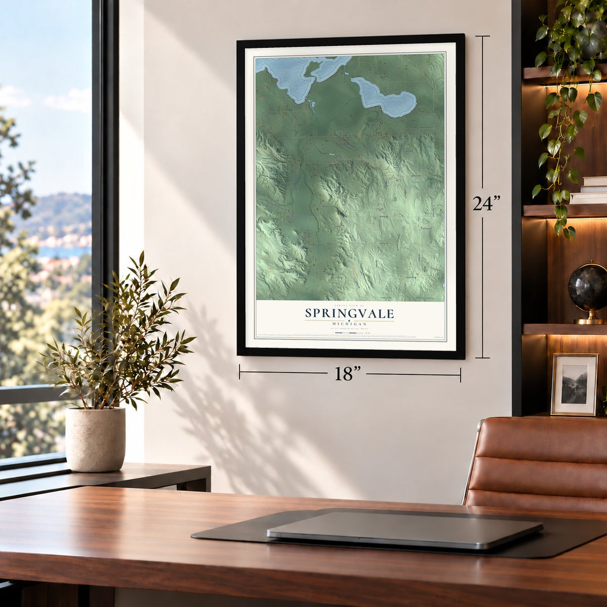 Springvale, Michigan map, 18 x 24 inch print in a black frame in a home office