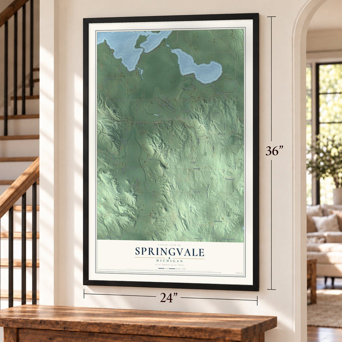 Springvale, Michigan map, 24 x 36 inch print in a black frame by a staircase
