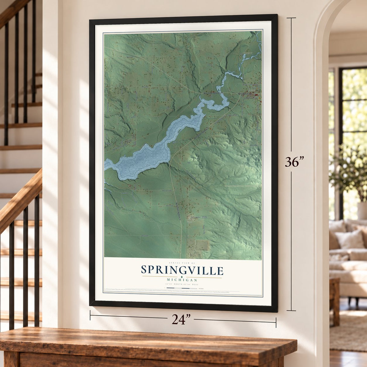 Springville, Michigan map, 24 x 36 inch print in a black frame by a staircase
