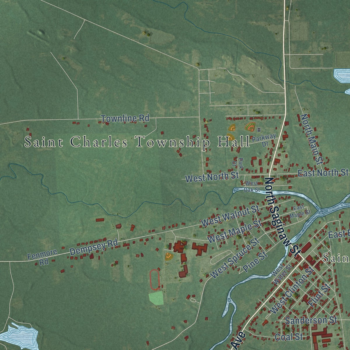 Close-up of the map of St. Charles, Saginaw County, Michigan print showing street and building detail