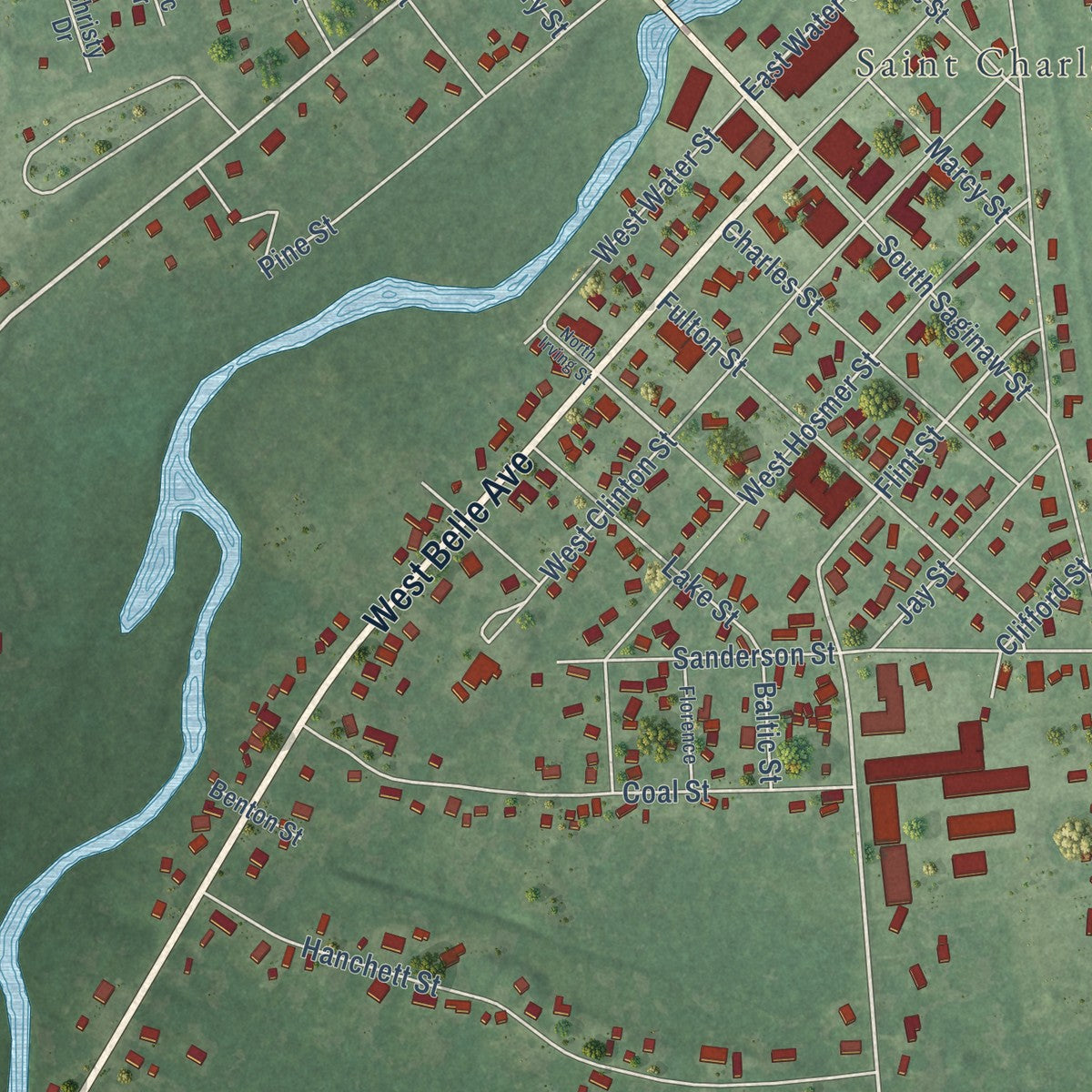 Close-up of the map of St. Charles, Michigan print showing street and building detail