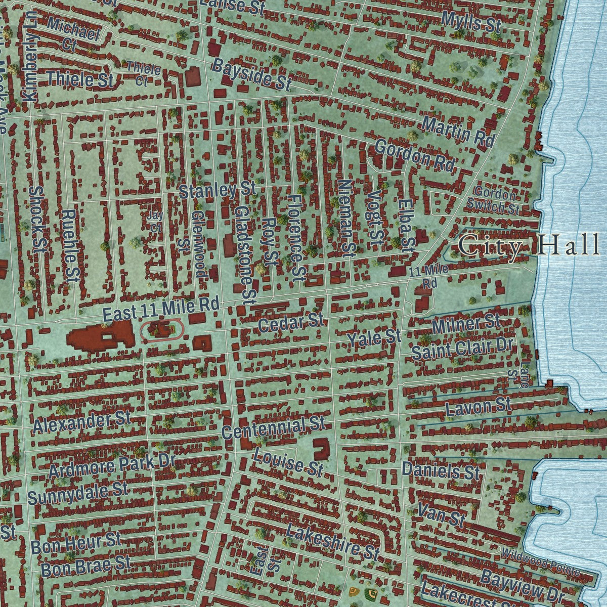 Close-up of the map of St. Clair Shores, Michigan print showing street and building detail
