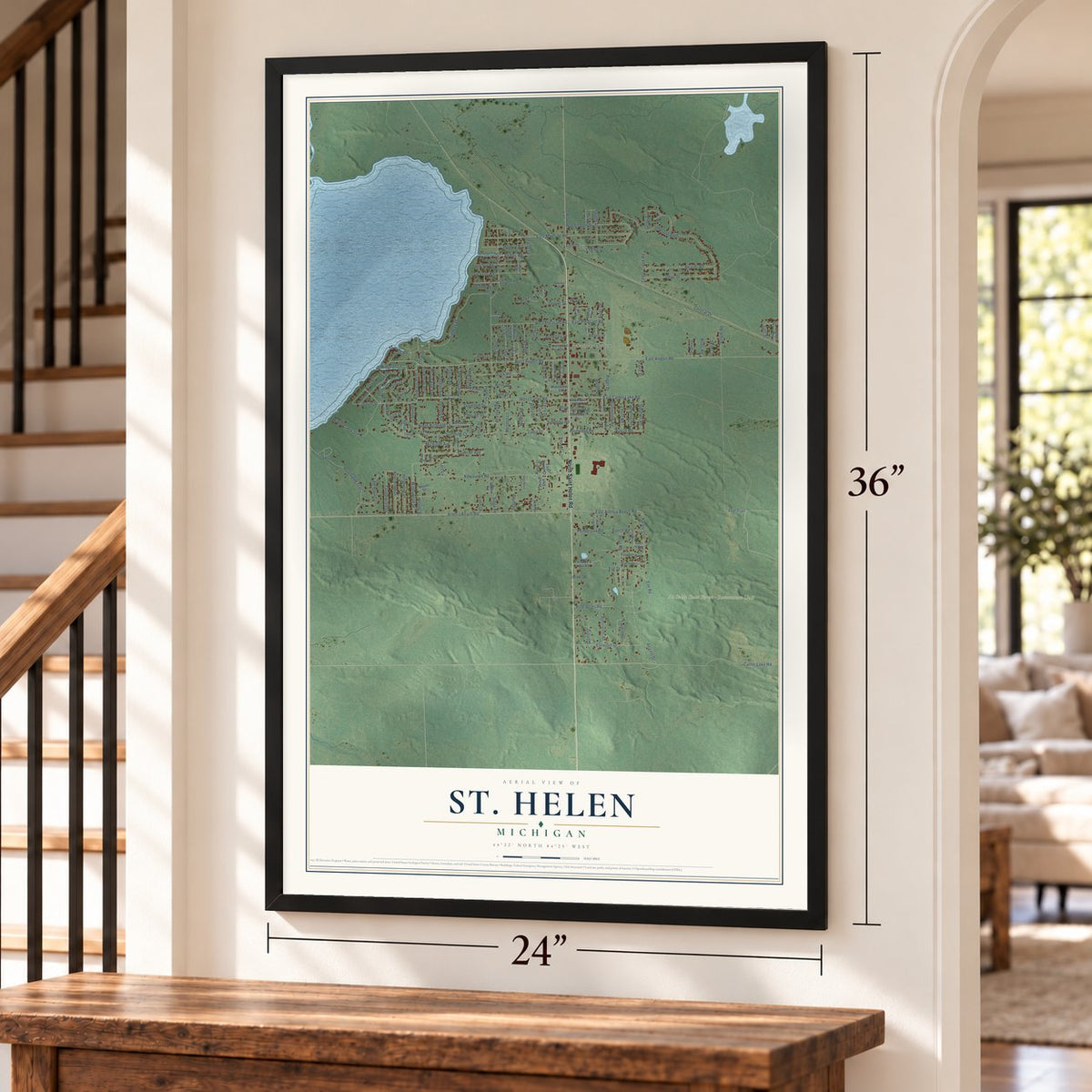St. Helen, Michigan map, 24 x 36 inch print in a black frame by a staircase