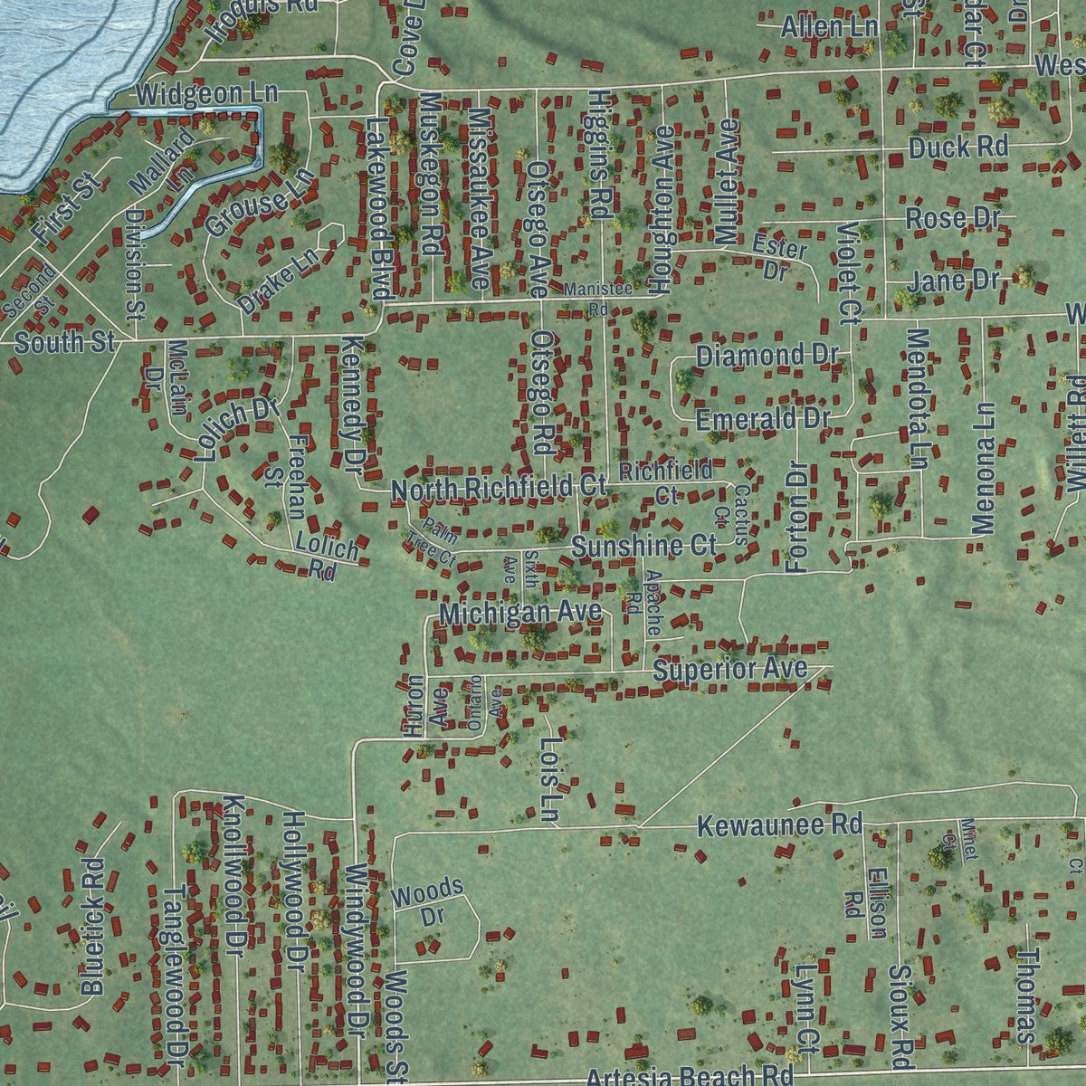 Close-up of the map of St. Helen, Michigan print showing street and building detail