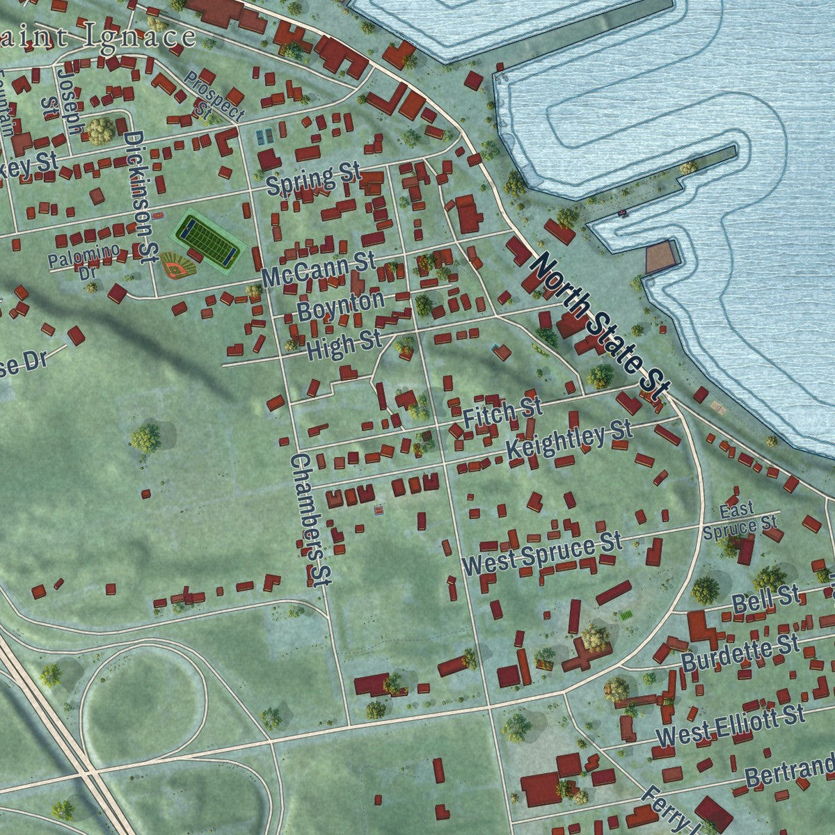 Close-up of the map of St. Ignace, Michigan print showing street and building detail