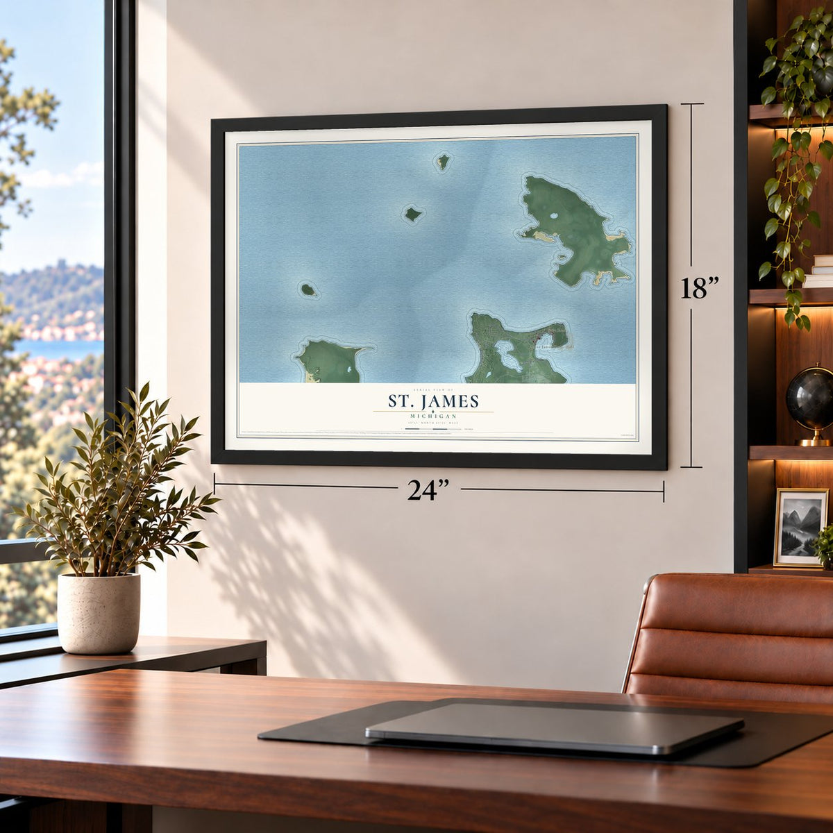 St. James, Michigan map, 18 x 24 inch print in a black frame in a home office