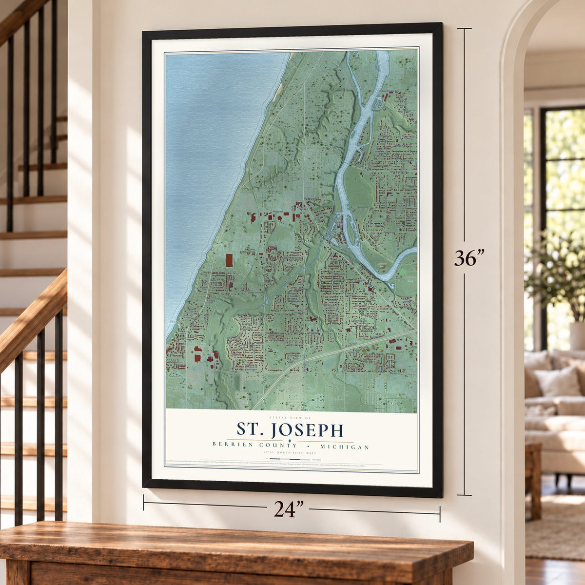 St. Joseph, Berrien County, Michigan map, 24 x 36 inch print in a black frame by a staircase
