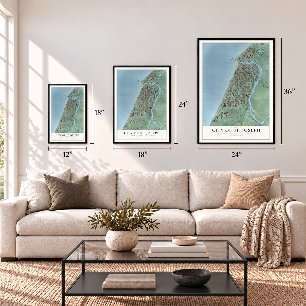 St. Joseph, Michigan map in 12 x 18, 18 x 24 and 24 x 36 inch sizes above a sofa