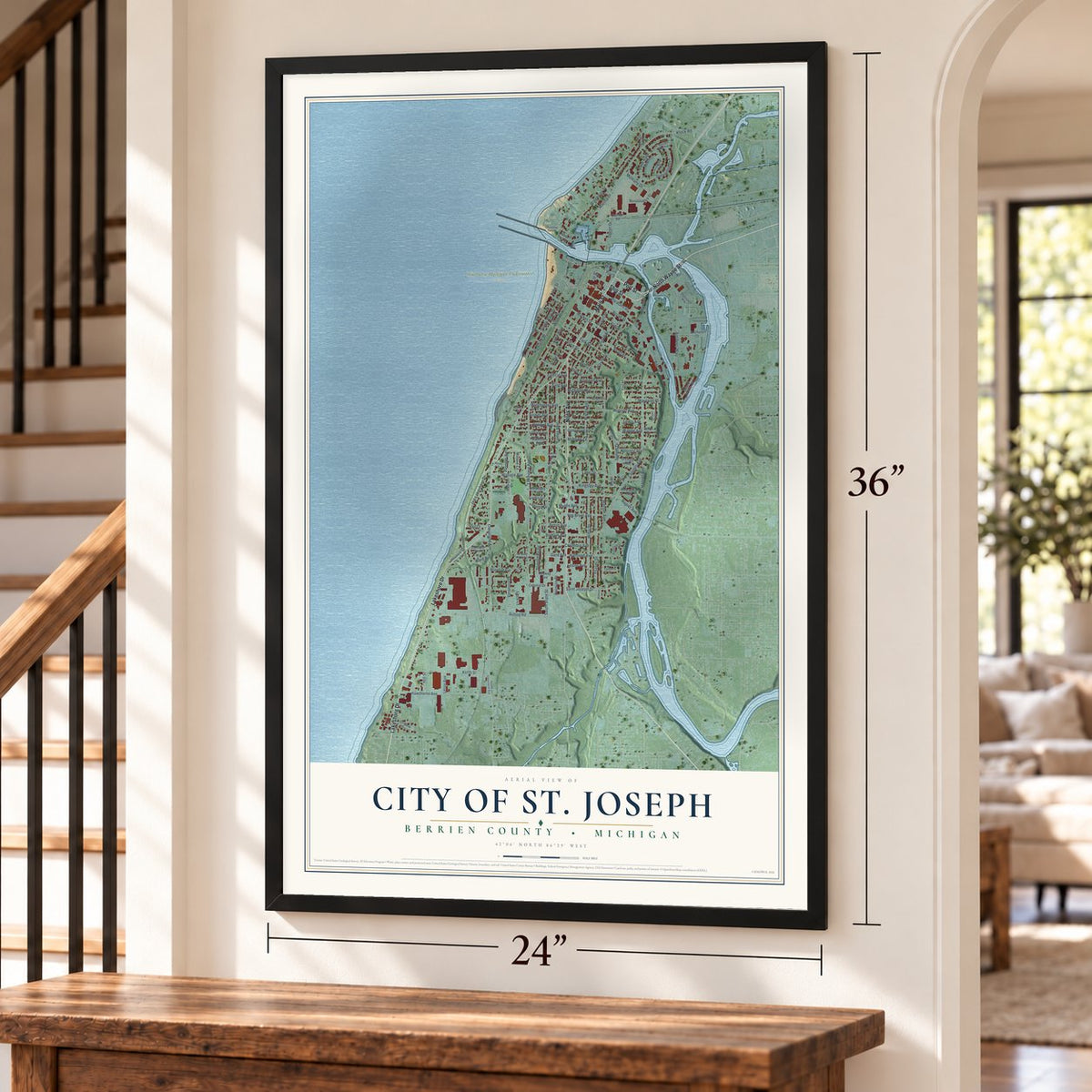 St. Joseph, Michigan map, 24 x 36 inch print in a black frame by a staircase